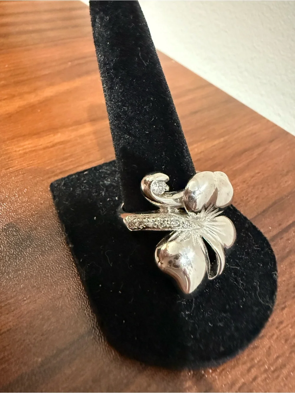 Polished Silver Butterfly Statement Ring with faux diamond accents